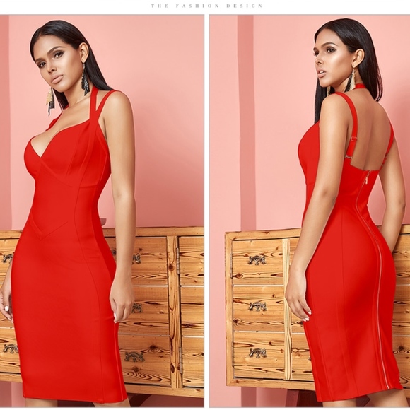 🎥 Bandage V-Neck Strappy Midi Dress in Red - Picture 3 of 11